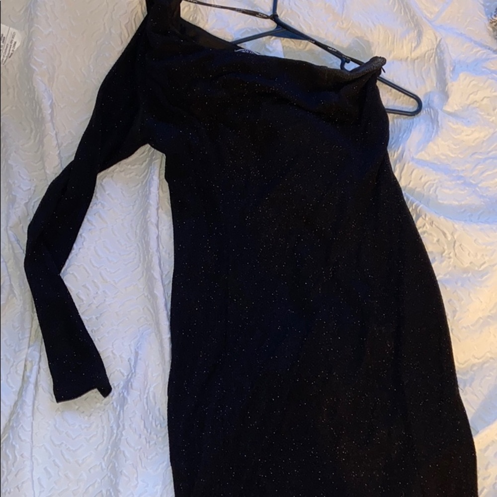 Sparkly black one sleeve, bodycon midi dress